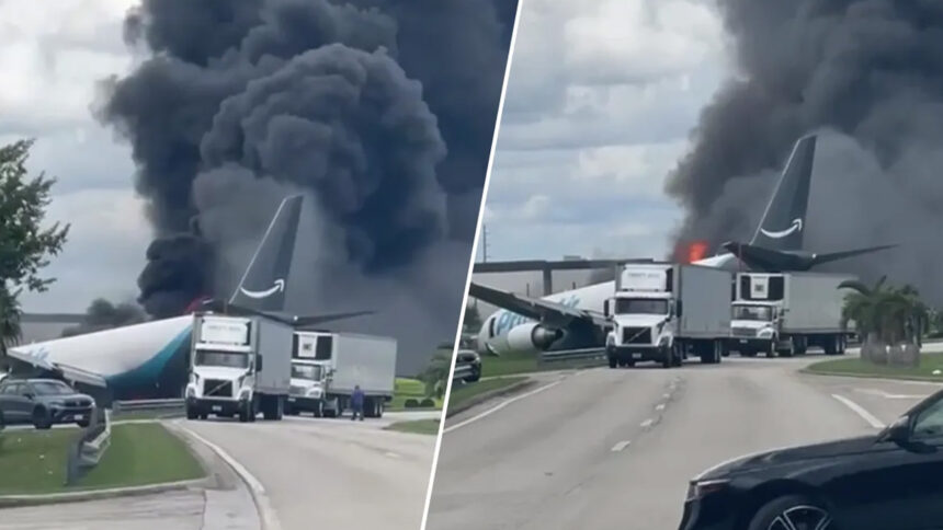 Avión de Amazon en Miami se sale de la pista y se incendia tras aterrizar